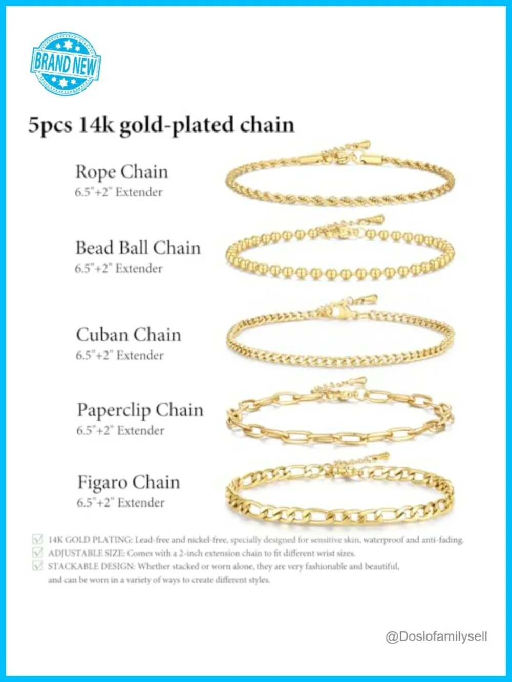 14K Gold Plated Waterproof Stackable Bracelet Set - 5 Pack Adjustable Link